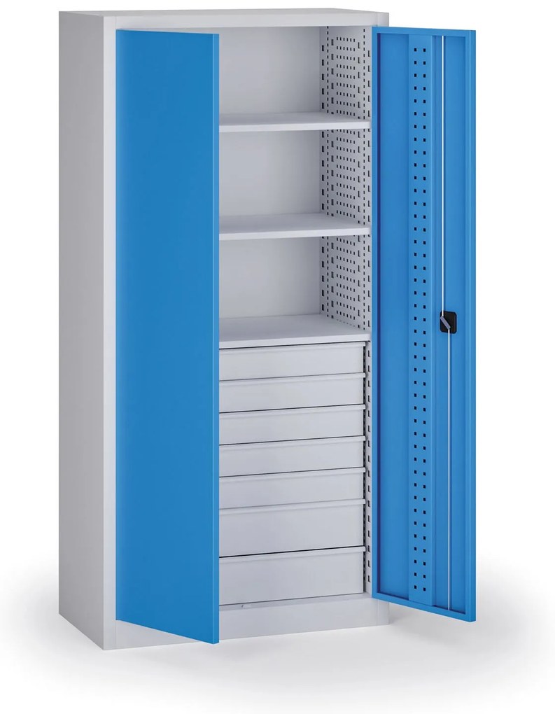 Szafa warsztatowa, 3 półki + 7 szuflad, 1950 × 950 × 500 mm, niebieskie drzwi
