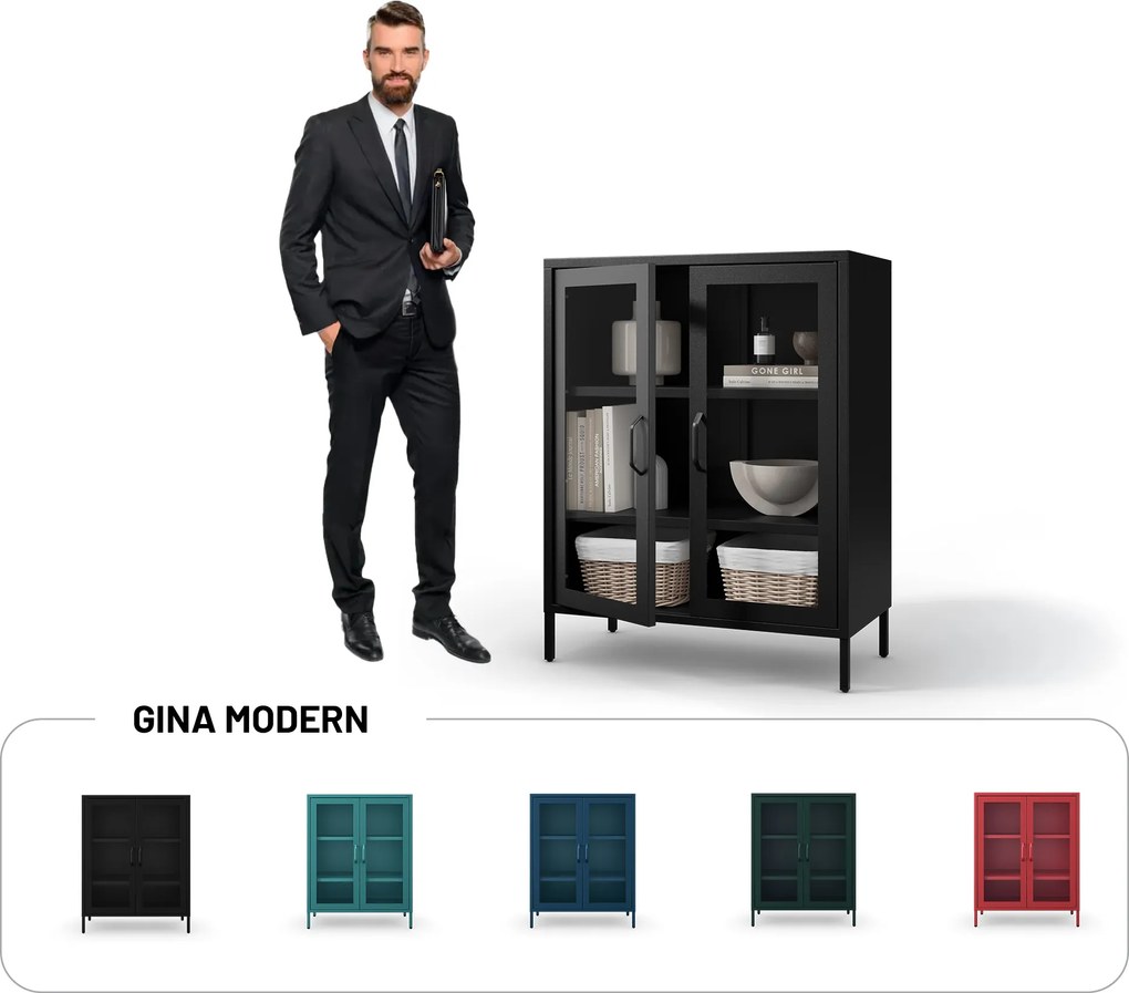 Witryna przeszklona niska czarna: GINA Modern 800 x 1015 x 400 mm