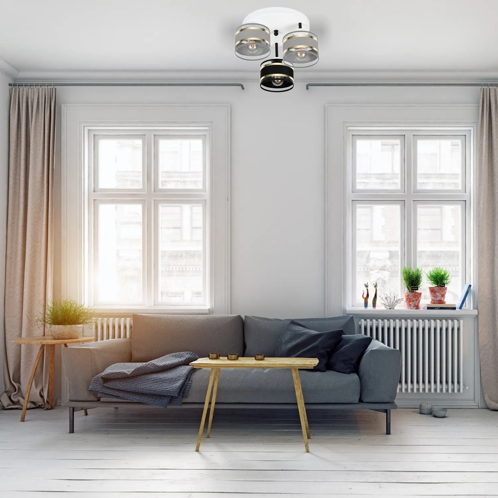 Lampa sufitowa biała trzypunktowa z szaro-czarnymi abażurami T-3030WE-