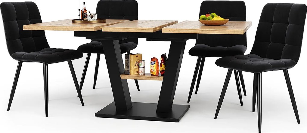 Stół jadalny i 4 krzesła - blat z MDF, konstrukcja metalowa i poduszki z weluru - Naturalny i Czarny