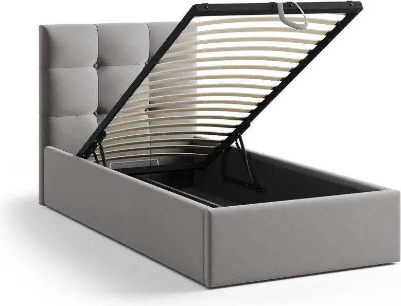 Szare tapicerowane łóżko jednoosobowe ze schowkiem ze stelażem 90x200 cm Phaedra – Micadoni