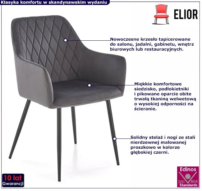 Popielate welurowe krzesło pikowane metalowe - Hatos