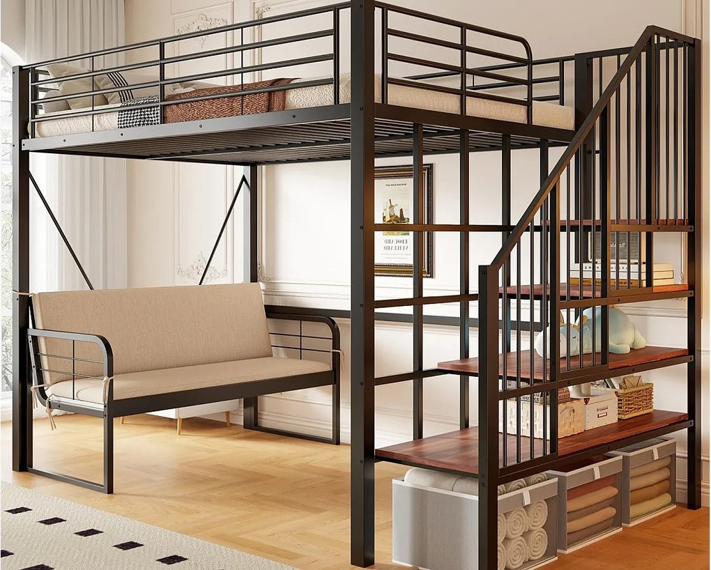 Łóżko na antresoli 140 x 200 cm - Konstrukcja metalowa - Z kanapą - Z drabiną - Czarny​ (materac nie jest wliczony w cenę)