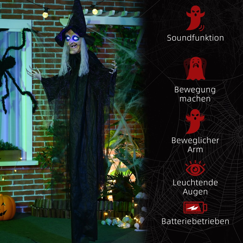 HOMCOM Czarownica na Halloween, Dekoracja z Funkcją Dźwiękową, z Czujnikiem Ruchu, LED, 130 cm x 18 cm x 183 cm