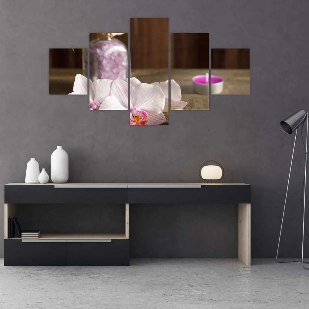 Obraz - Świeca i orchidee (125x70 cm)