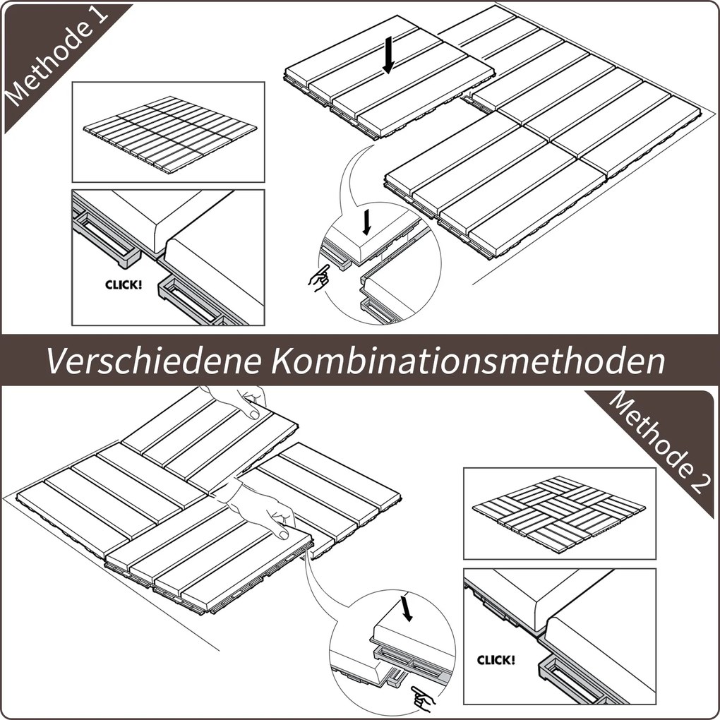 Zestaw 9 płytek podłogowych Outsunny, mechanizm zatrzaskowy, imitacja drewna, kolor brązowy, 30 x 30 x 2 cm (wymiary 1 płytki)