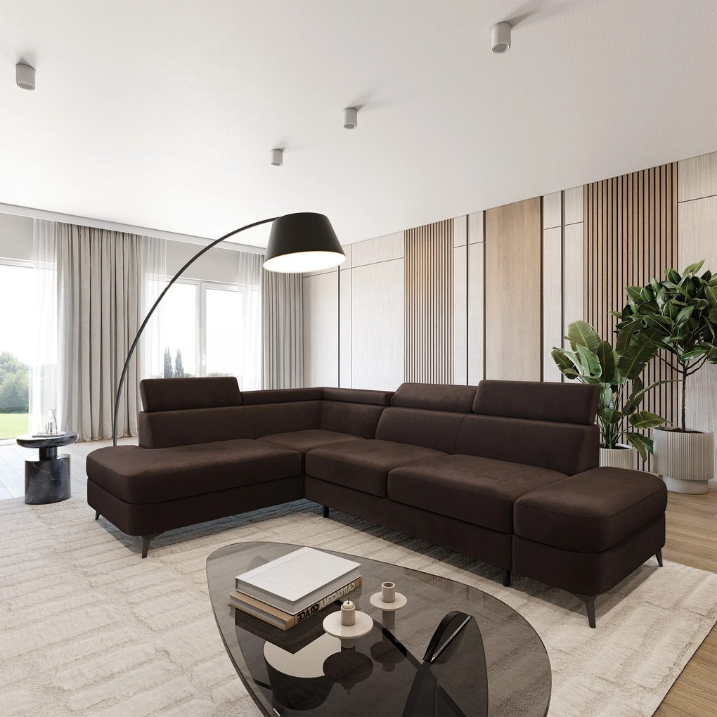 Masseno Narożnik AVISE z funkcją spania i pojemnikiem na pościel Narozniki L, Rozkładana sofa - Brązowy, MONOLITH 29