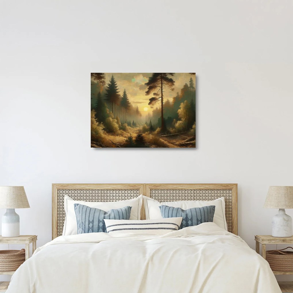 Obraz na szkle - Słońce świecące przez las (70x50 cm)