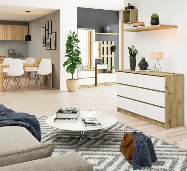 Skandynawska komoda do sypialni dąb artisan + biały S4-C70