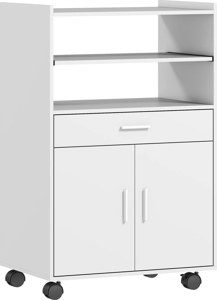 HOMCOM Szafka na mikrofalówkę, półka, szafa z podwójnymi drzwiami, szuflada, kółka, biały