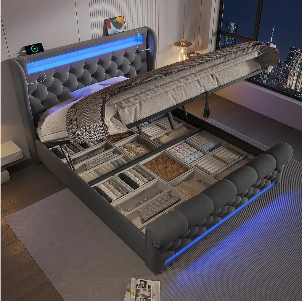 Łóżko z pojemnikiem 140x200 cm, szary aksamit, łóżko dla dorosłych z oświetleniem LED i portami USB – bez materaca