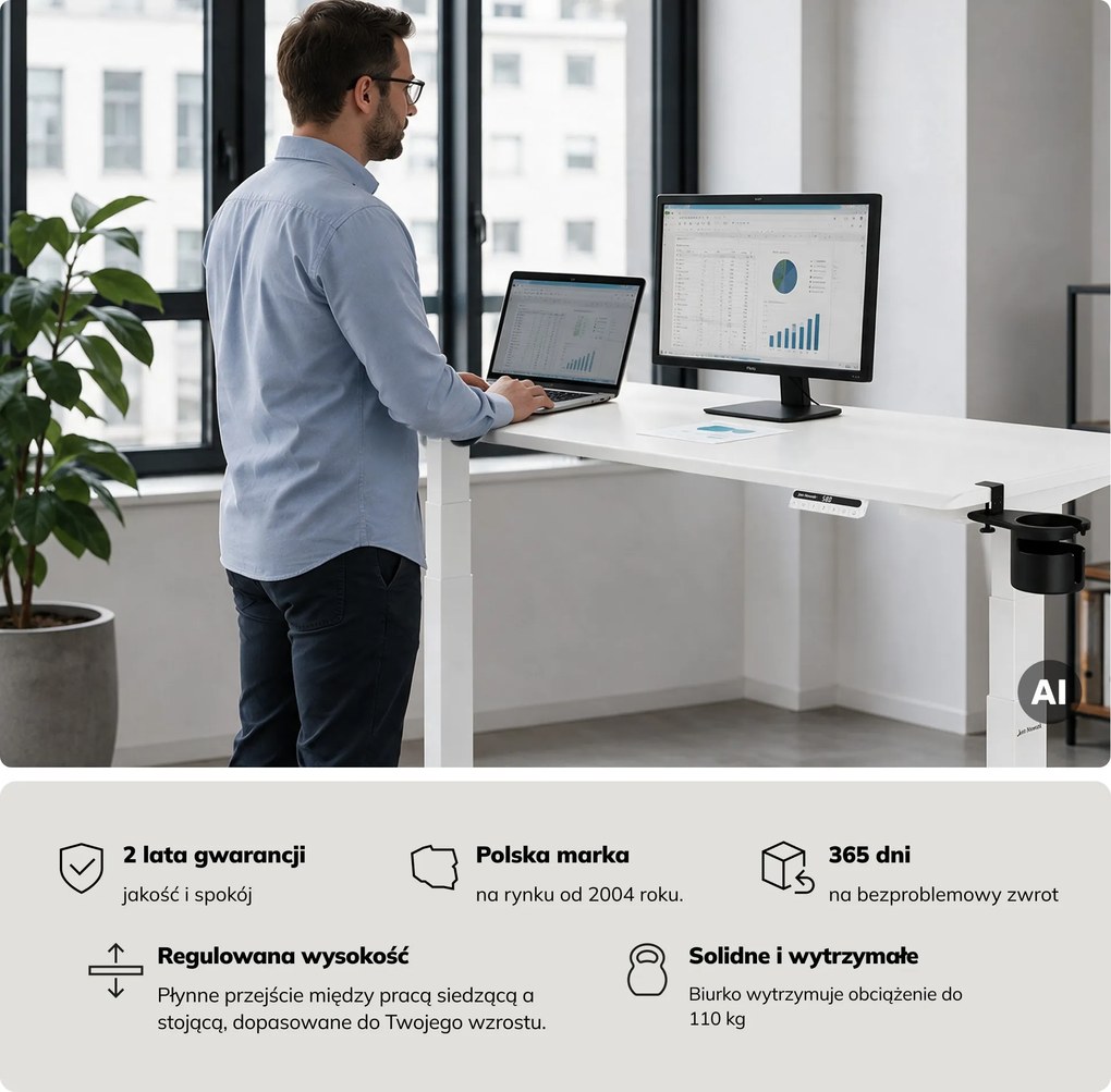 Biurko elektryczne z regulacją wysokości ergonomiczne białe,1600x800 mm: ARIA