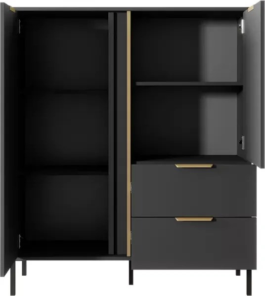 Komoda Zante – elegancka komoda w kolorze antracytowym ze złotymi detalami, 2-drzwiowa z 2 szufladami