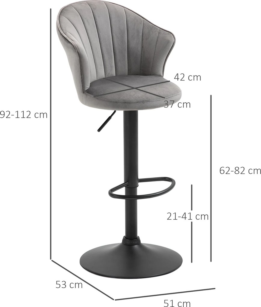 HOMCOM Zestaw 2 hokerów obrotowych z oparciem regulowana wysokość szary aksamitny materiał | Aosom PL