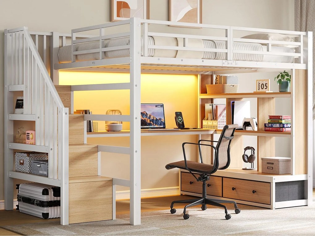 Łóżko na antresoli metalowe 140x200cm z LED - z biurkiem i półkami - 2 szuflady i drabina z pojemnikami - Biały​ (bez materaca)