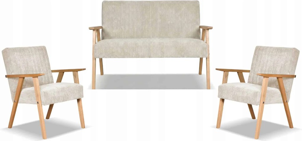 Zestaw mebli PRL retro SOLER sofa fotele Family Meble beżowy sztruks Anafi