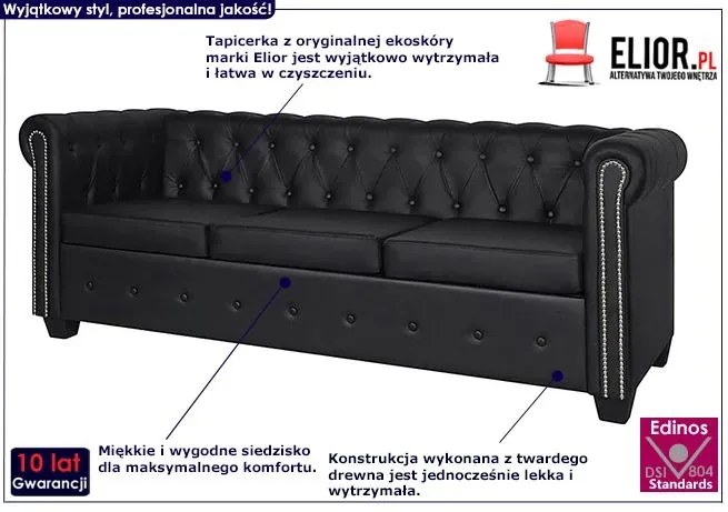 3-osobowa czarna sofa w stylu Chesterfield Emilis