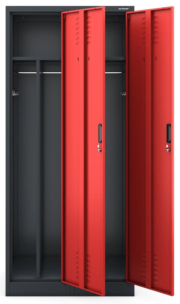Szafka ubraniowa BHP antracytowo-czerwona: czterokomorowa KACPER, 800 x 1800 x 500 mm
