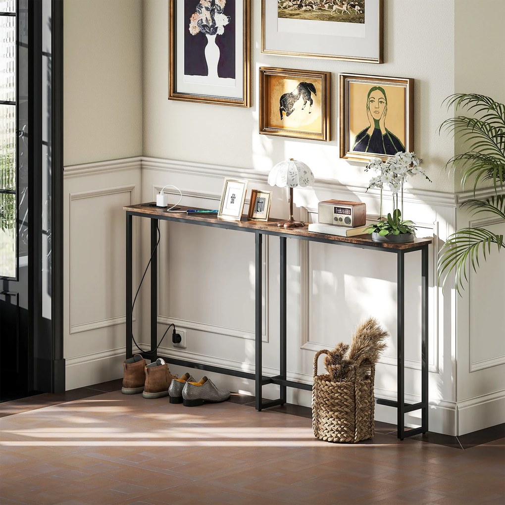 HOMCOM Smukły Stolik Konsola z Ładownicą, Styl Industrialny, Stelaż ze Stali, Brązowy