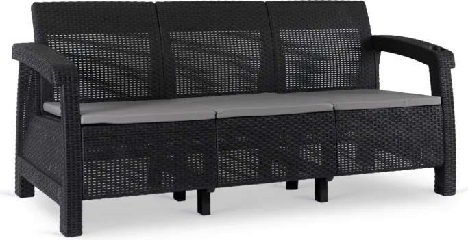 Sofa Ogrodowa FLINT Technorattan Czarna Trzyosobowa
