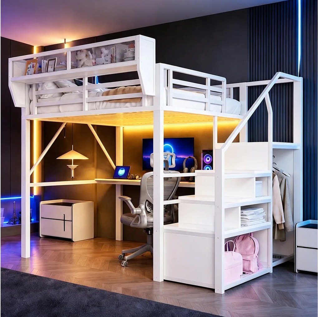 Łóżko piętrowe 140 x 200 cm z biurkiem 2 m, półkami, oświetleniem LED i gniazdkami elektrycznymi - Metal + MDF - Białe (Materac nie jest wliczony w cenę)