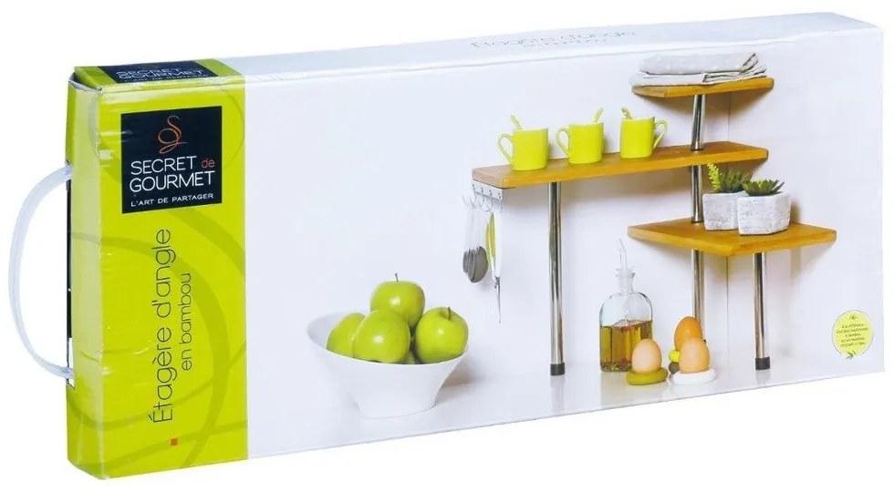 Narożna półka kuchenna, bambusowa - 3 poziomy, 4 haczyki