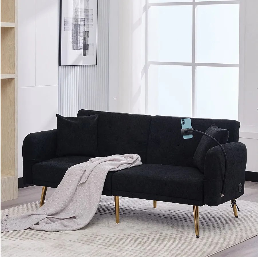 Sofa 2-osobowa z portami USB - Prosta sofa z uchwytem na telefon i kieszeniami bocznymi - Regulowane oparcie - Czarny aksamit