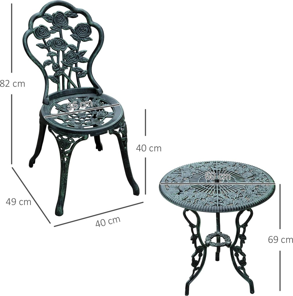 Outsunny Zestaw Bistro Ogrodowy 3-częściowy Aluminiowy Antyczny Zielony | Aosom PL