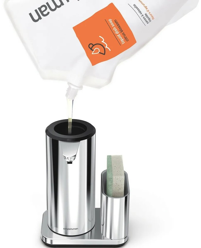 Simplehuman Dozownik bezdotykowy z uchwytem na gąbkę 414 ml, stal nierdzewna błyszcząca