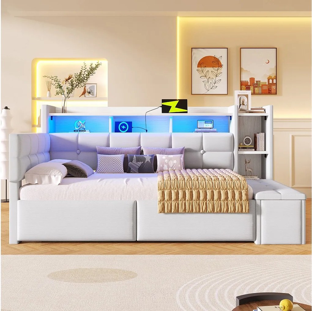 Sofa rozkładana 90x190 cm, łóżko dziecięce z portem USB i LED, 2 szuflady i półki - beżowy aksamit (bez materaca)