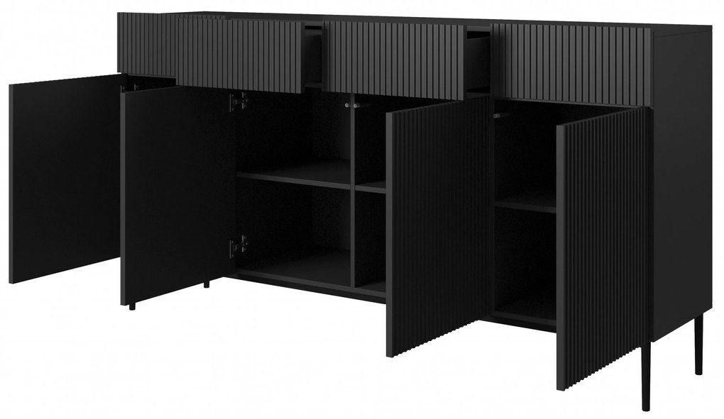 Komoda czterodrzwiowa Nicole 200 cm z szufladami z ryflowanym frontem - czarny mat / czarne nóżki