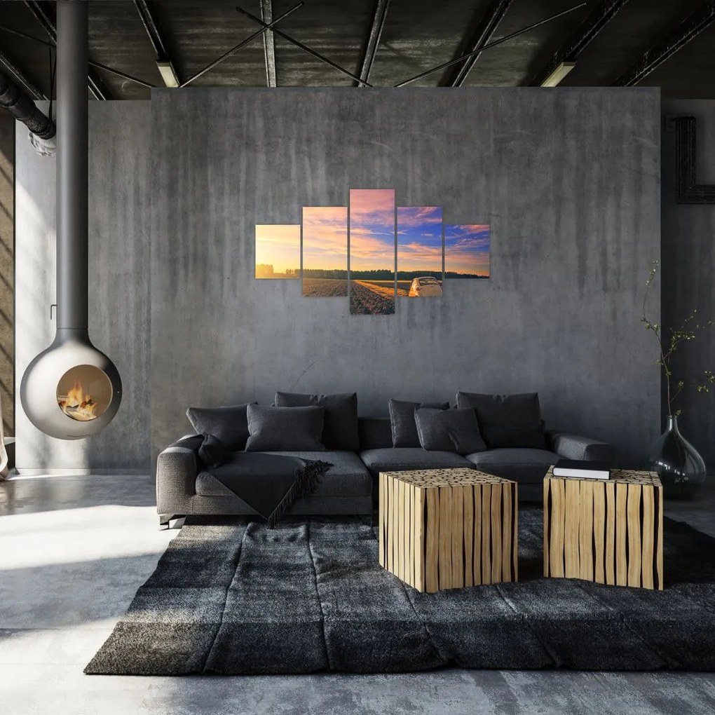 Obraz żółtego samochodu na polu (125x70 cm)
