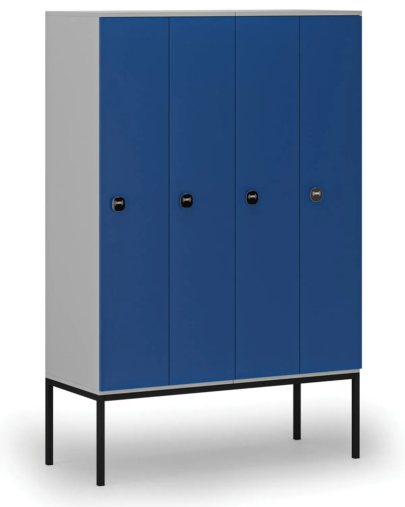 Drewniana szafa ubraniowa z podstawą, 4-drzwiowa, 1871 x 1200 x 500 mm, demontaż, zamek RFID, szary/niebieski