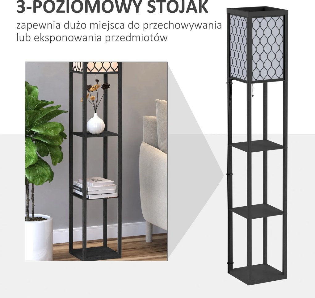 HOMCOM Lampa Stojąca z Półkami Czarna Drewniana Oświetlenie Salon E27 do 40W 26x26x160cm | Aosom PL