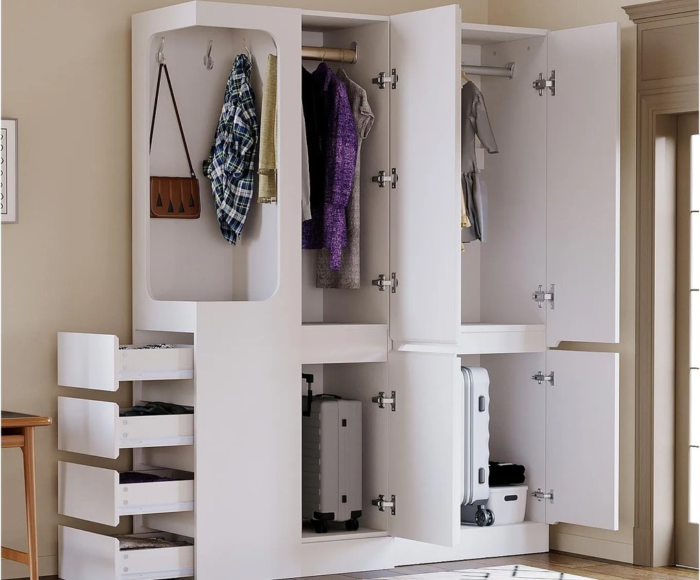 Szafa 140x40x170 cm - z 4 szufladami - z przegródkami do przechowywania - z frontami - biały