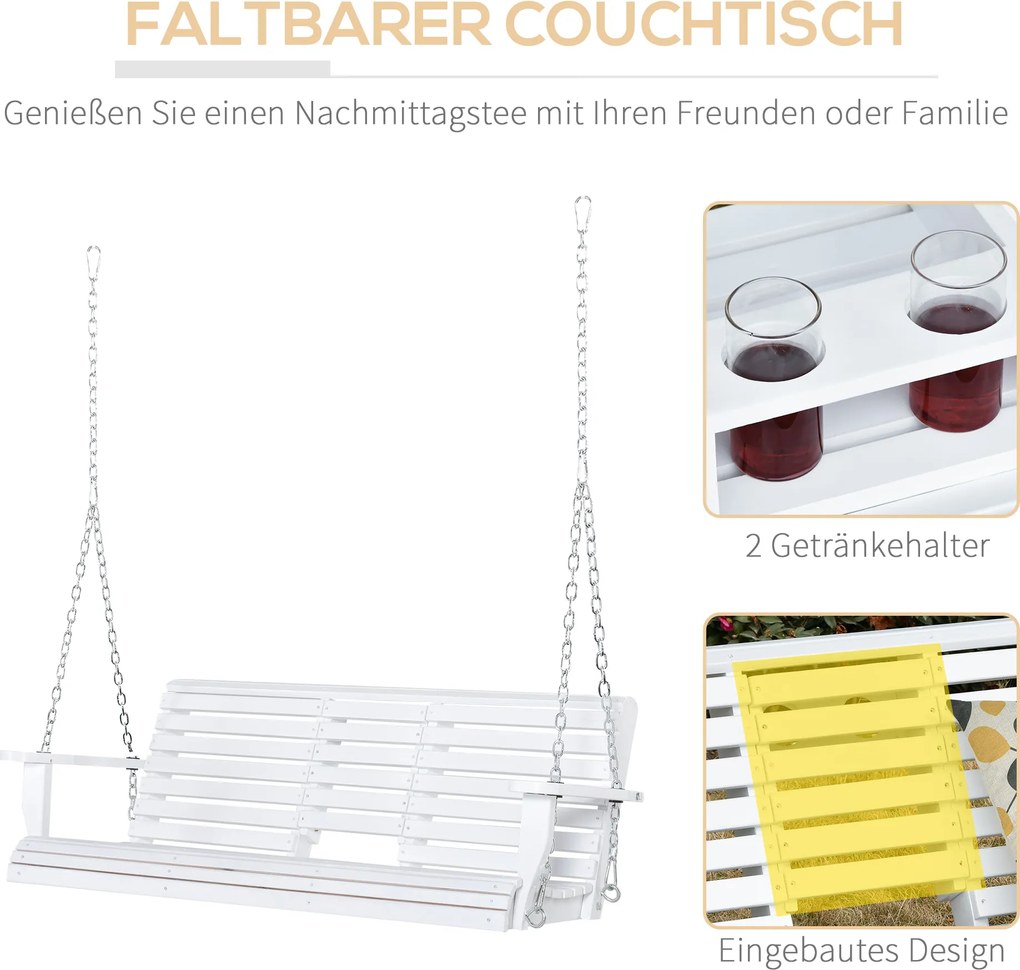 Outsunny 3-Seater Wooden Porch Swing Bench with Folding Coffee Table, Durable PU Coating, Chains Included, White