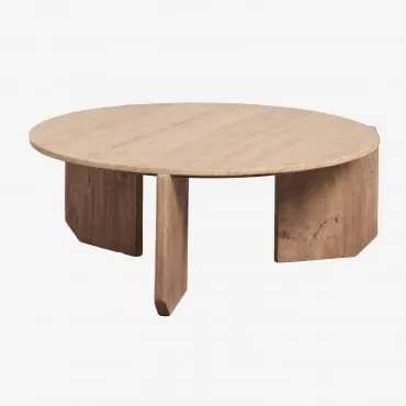 Okrągły Stolik Kawowy Z Naturalnego Kamienia I Drewna Mango Lavinia Travertine & Naturalna & Ø85 Cm - Sklum
