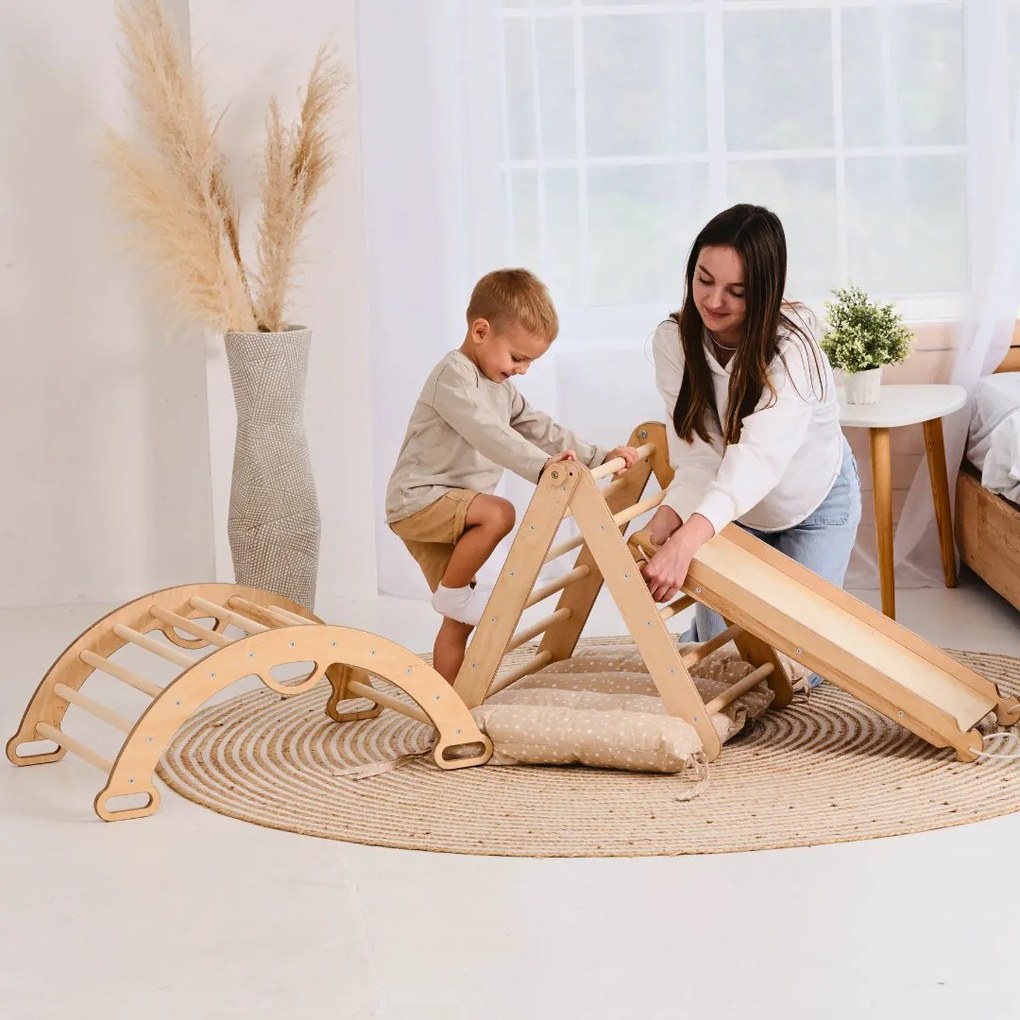 Zestaw wspinaczkowy 4w1 Montessori: drabinka dwustronna + łuk wspinaczkowy + zjeżdżalnia + poduszka (1-3 lata)