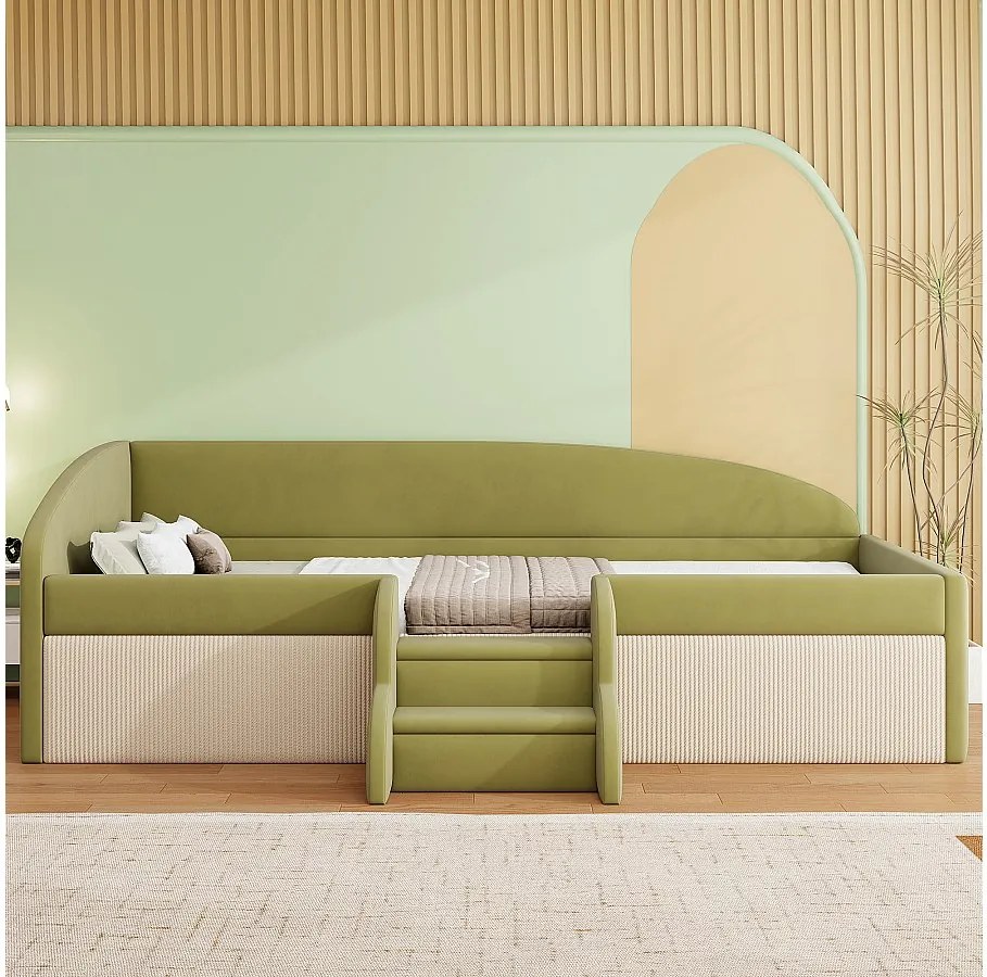 Łóżko dzienne 90x190 cm – łóżko dziecięce z stelażem – aksamit – ciemnozielony + beżowy – materac nie jest wliczony w cenę