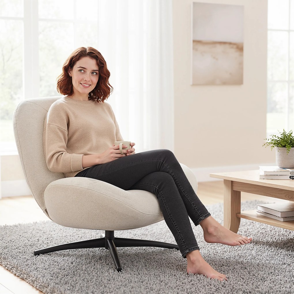 HOMCOM Obrotowy fotel tapicerowany, fotel akcentowy z wypełnieniem z waty PP, obicie z tkaniny, stalowa baza, kremowo-biały