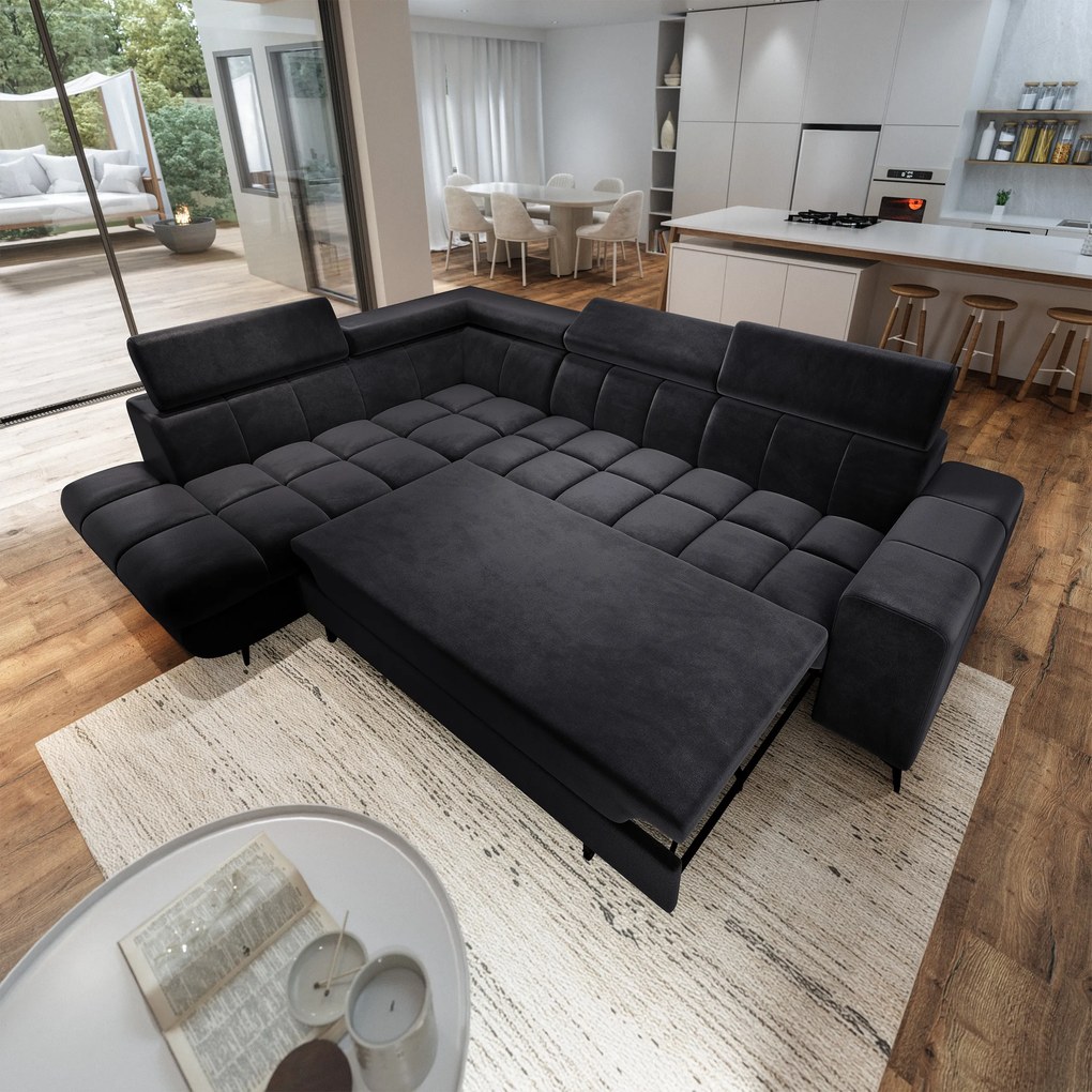 Masseno Narożnik MORIVA z funkcją spania i pojemnikiem na pościel Narozniki L, Rozkładana sofa - Czarny, MONOLITH 95