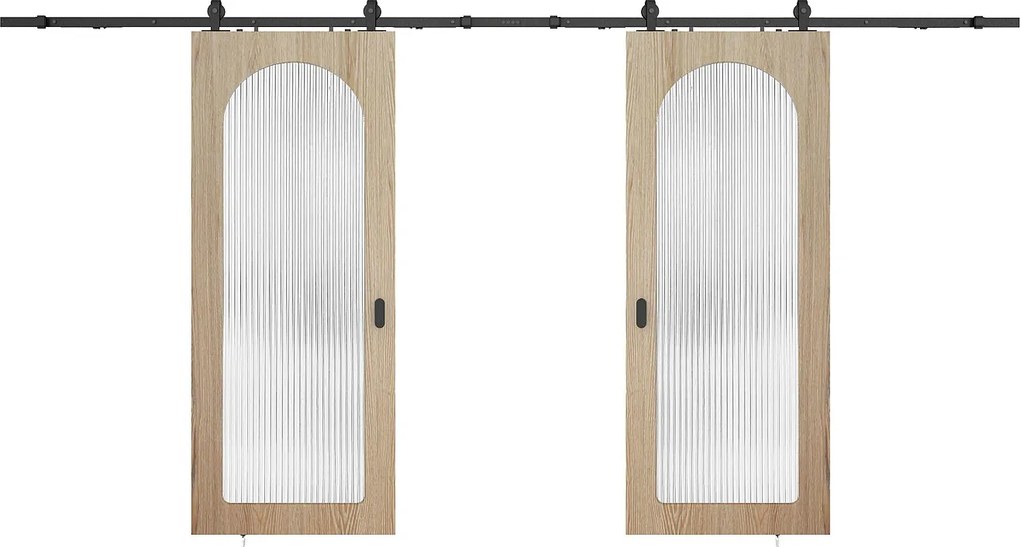 Drzwi podwójne przesuwne naścienne z drewna i MDF - naturalne jasne łuki i szkło hartowane ryflowane - 2 x W205 x S63 cm - ODEZA