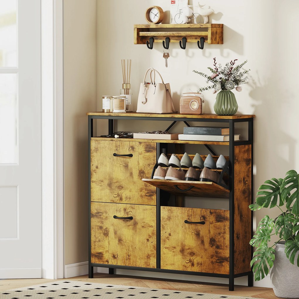 HOMCOM Szafka na buty z 4 składanymi szufladami, smukły design, otwarta półka, dla 12-20 par butów, stal, brązowy