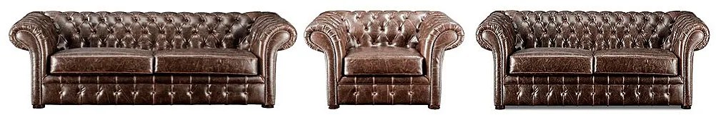 Komplet wypoczynkowy 3+2+1 typu chesterfield CLOTAIRE z postarzanej skóry