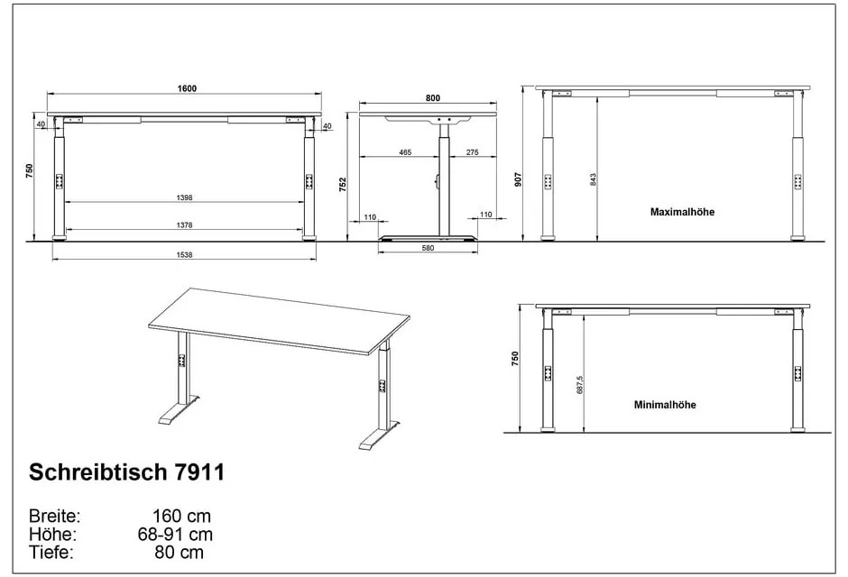 Biurko z regulacją wysokości z blatem w dekorze dębu 80x160 cm Agenda – Germania