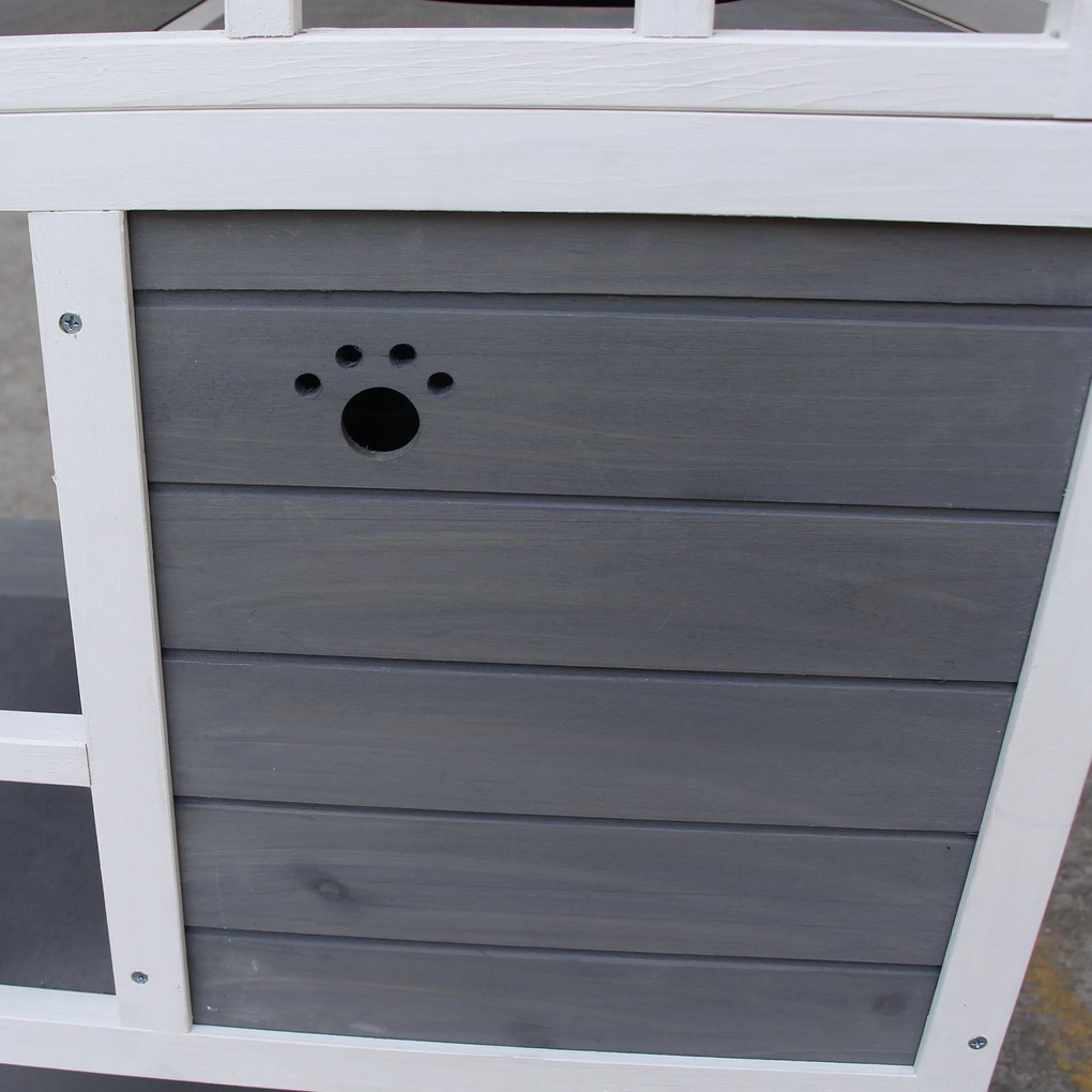 PawHut Domek dla Kota 4-poziomowy z Toaletą, Balkon, Dach Asfaltowy, Drewno, Szary, 78 x 76 x 140 cm