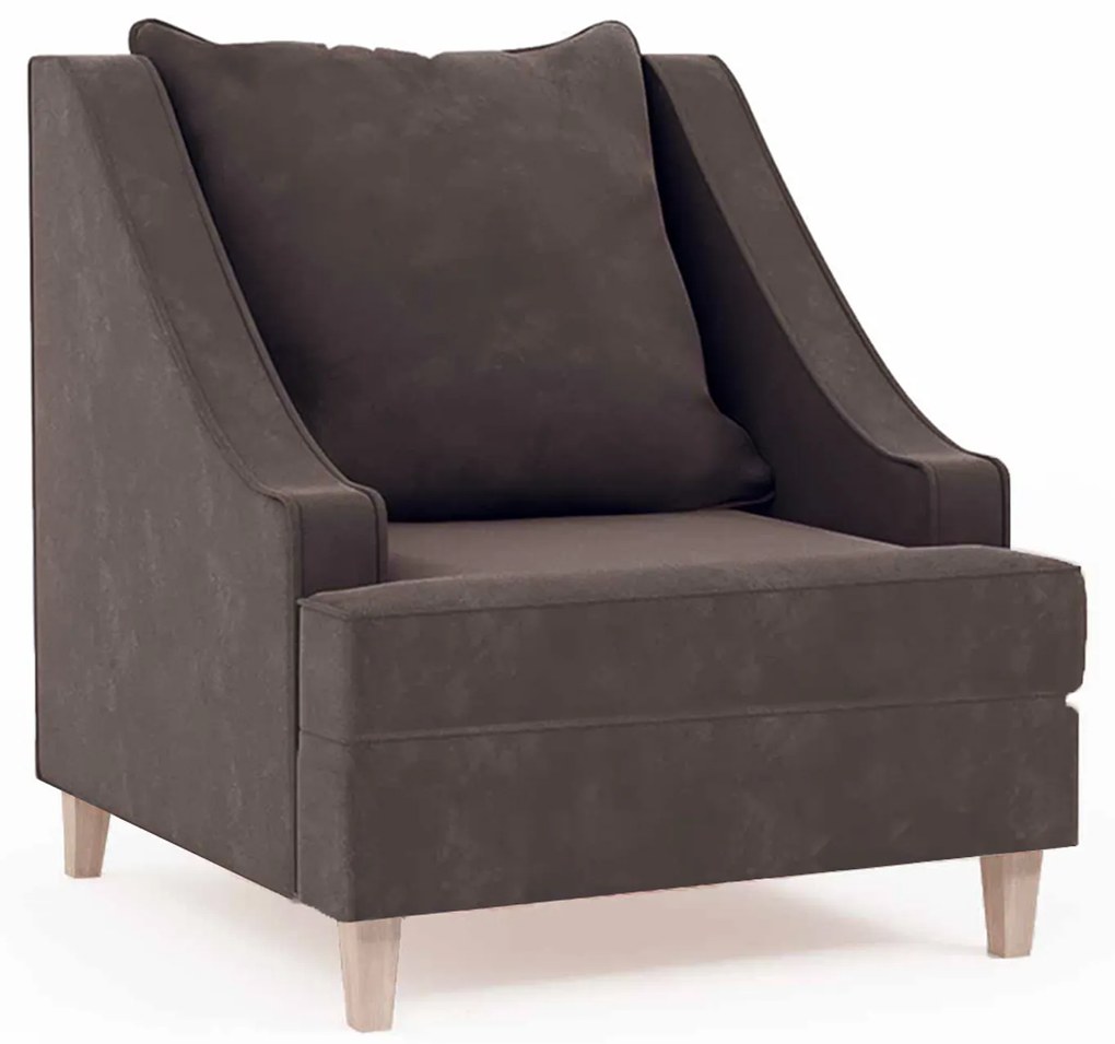 Wygodny fotel do salonu w stylu modern classic. Krawędzie obszyte kedrą, drewniane nóżki. Fotel tapicerowany tkaniną welwetową odporną na wchłanianie rozlanych płynów. Fotel dostępny w wielu kolorach,