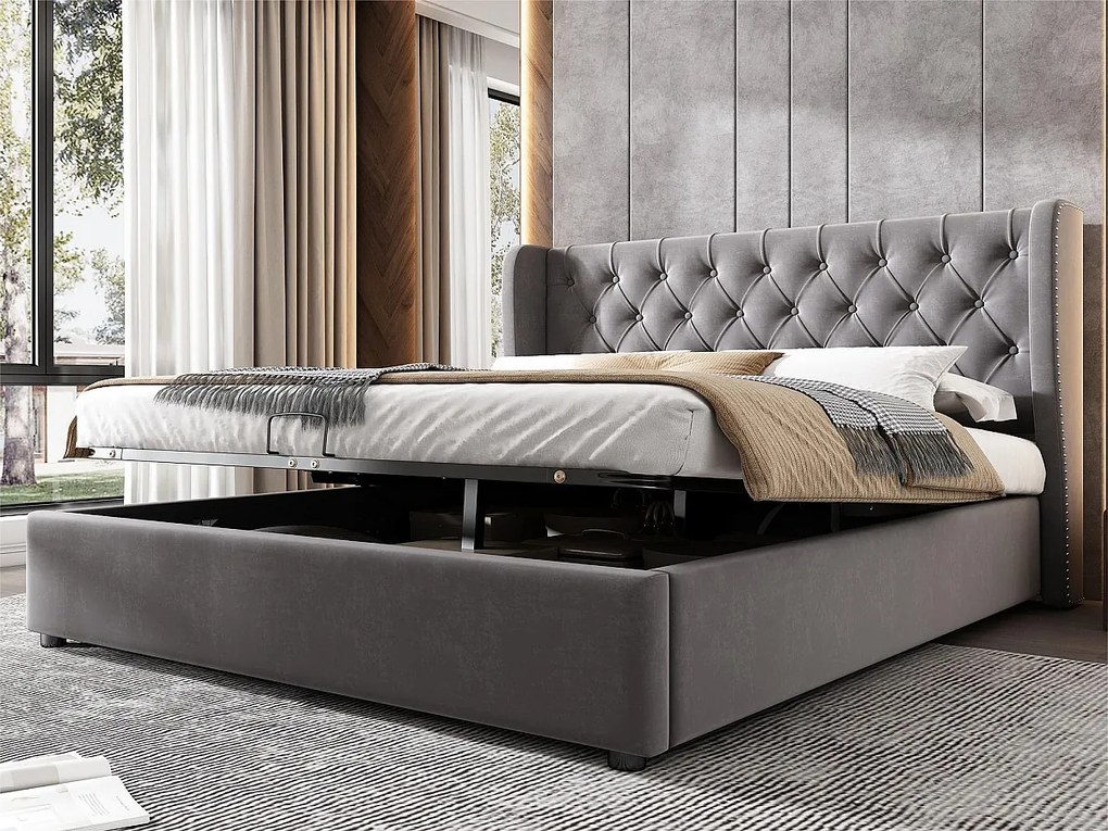 Łóżko tapicerowane welurowe 140x200cm z stelażem na listwach - Szare