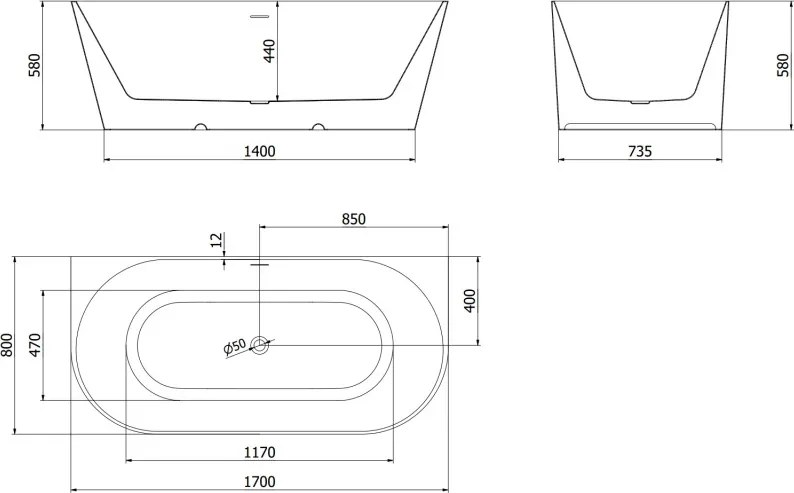 Mexen Oval Slim wanna wolnostojąca przyścienna 170 x 80 cm, biała, przelew złoty - 52661708000-50