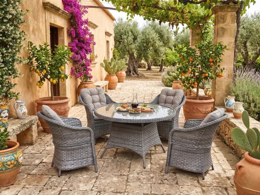 Zestaw obiadowy z technorattanu (okrągły stół + 4 fotele) MODERNO szary